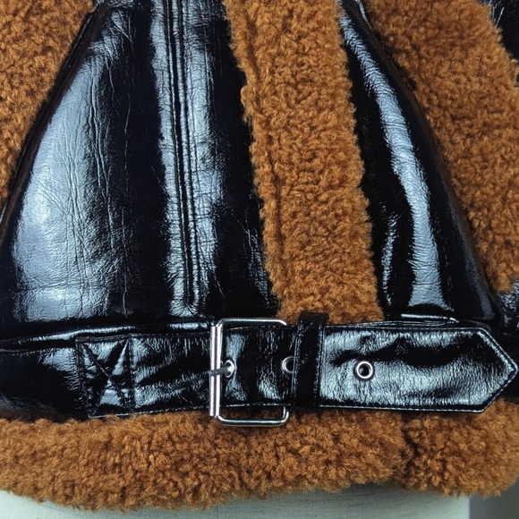 BLANK NYC Moto Jacket Vegan Patent Leather Faux Shearling Black Copper M NWT - Picture 12 of 14